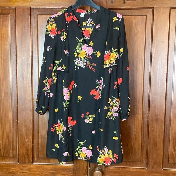 Old Navy Black Floral Lined Swing Mini Long Sleeve Dress Sz S EUC - Picture 1 of 10